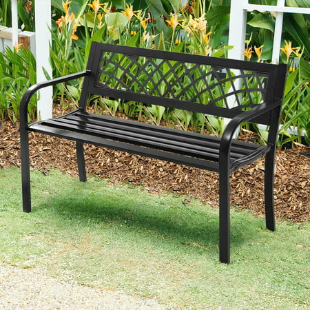 NEW Patio Park Garden Bench Porch Path Chair Outdoor Deck Hardwood Steel Frame